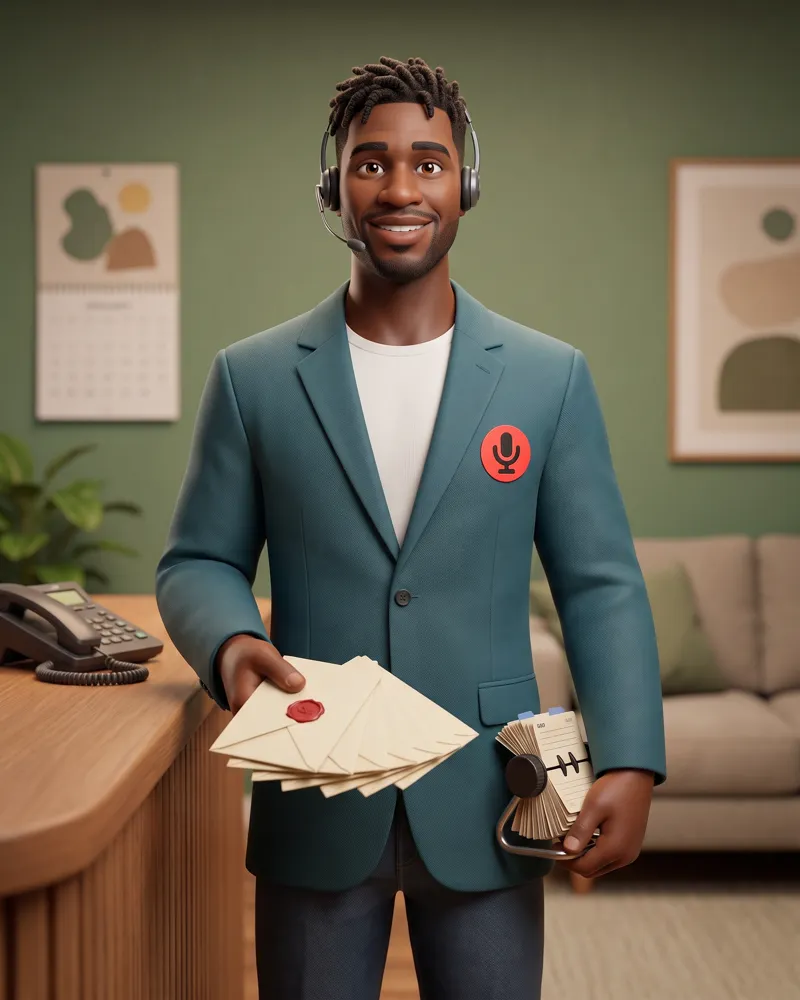 Booker, the Guest Agent, holding a fan of invitations