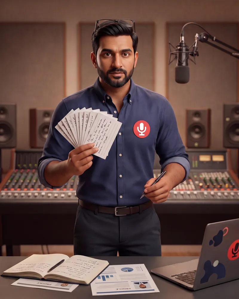 Coach, the Coaching Agent, with a stack of cue cards and a pen in the studio