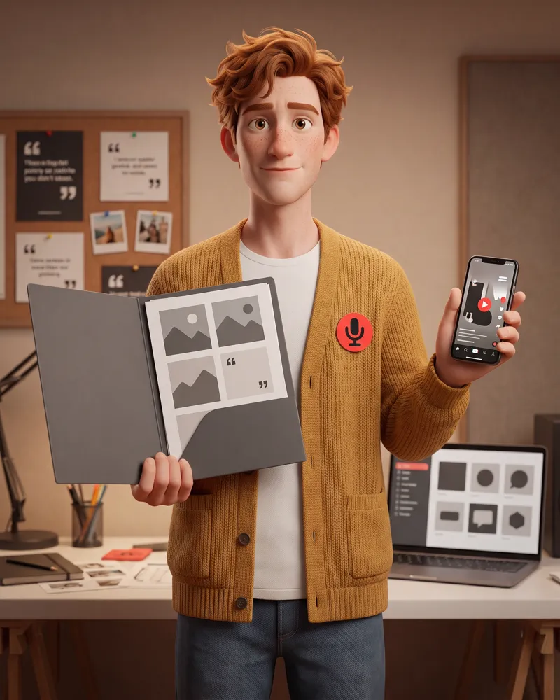 Kit, the Media Kit Agent, holding a press kit and a phone at the media kit desk