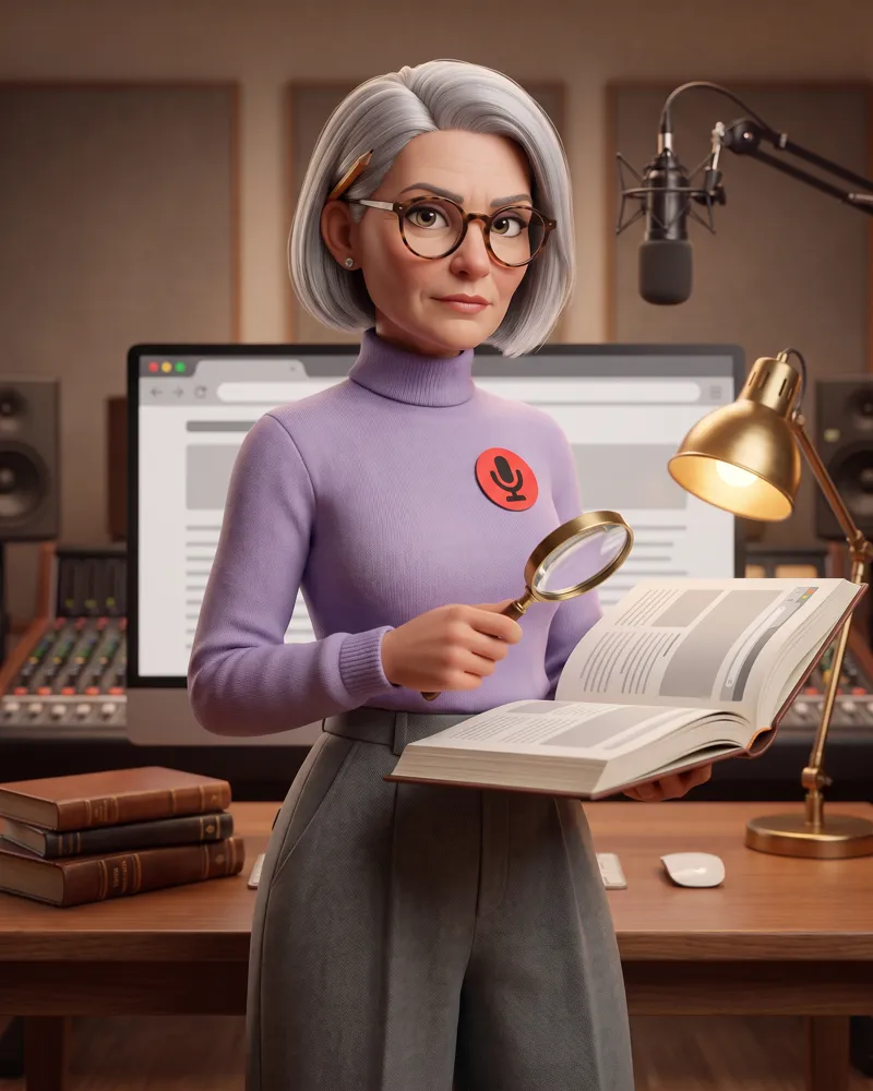 Page, the Website Agent, with an open book and a magnifying glass