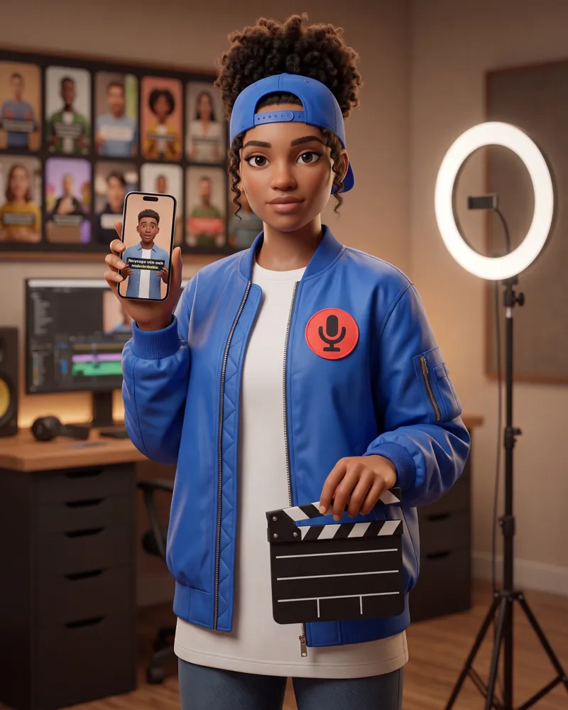 Reel, the Clips Agent, holding up a phone that plays a vertical clip