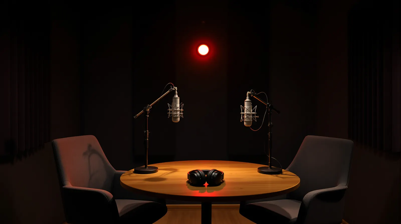 A dark podcast studio with two microphones and a red light on the wall